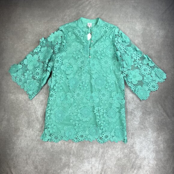 J. Marie Mint Green Floral Lace Dress With 3/4 Sleeves & Scalloped Edges - Picture 1 of 8